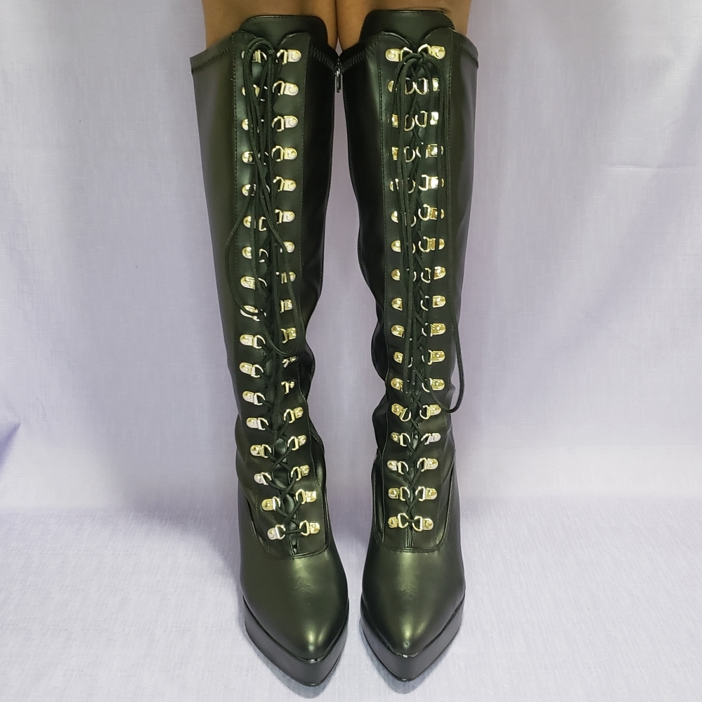Size 14 Black Faux Leather Stiletto Knee-High Boot